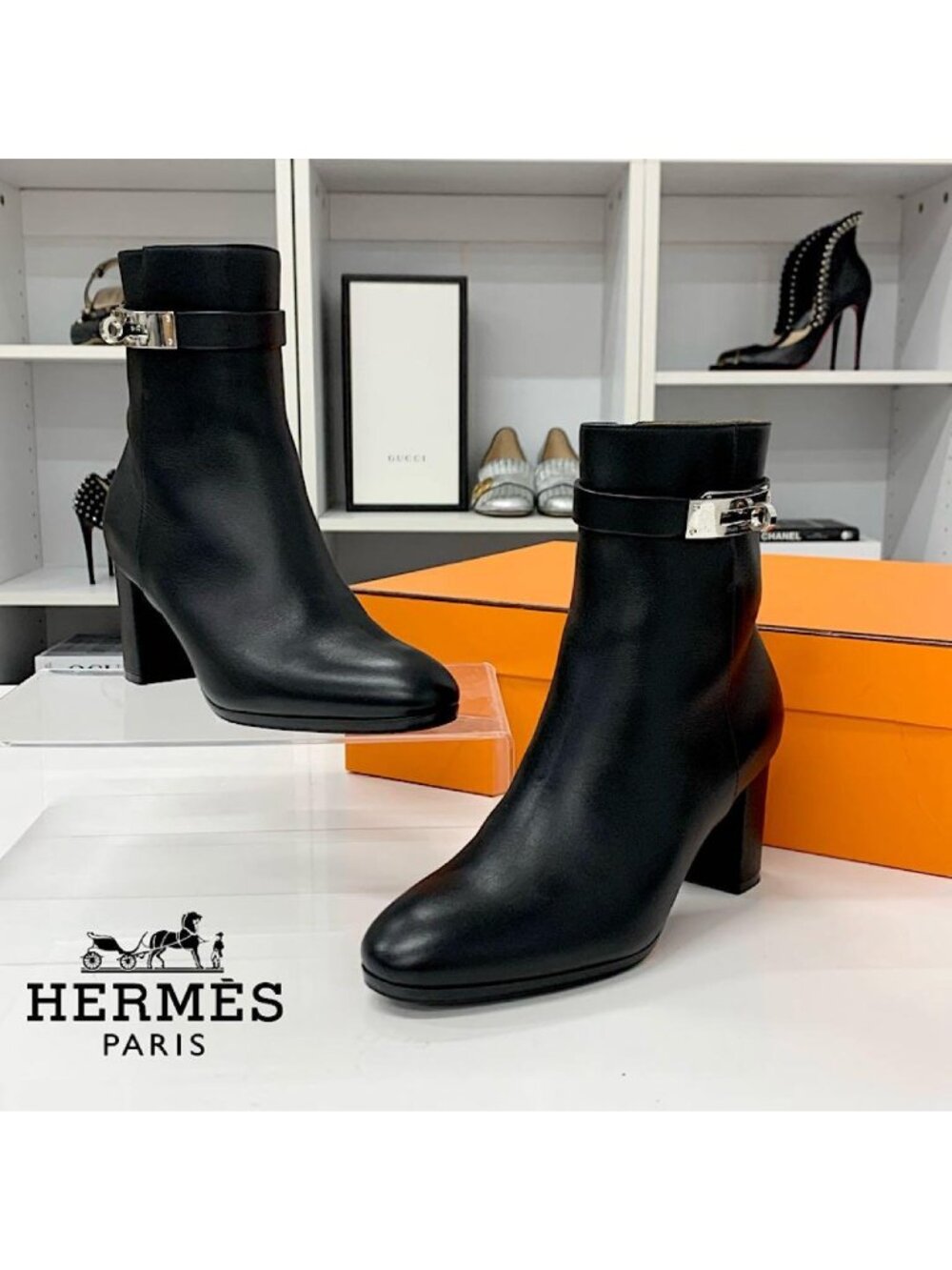 Hermes Saint Germain Kelly Leather Short Boots Black